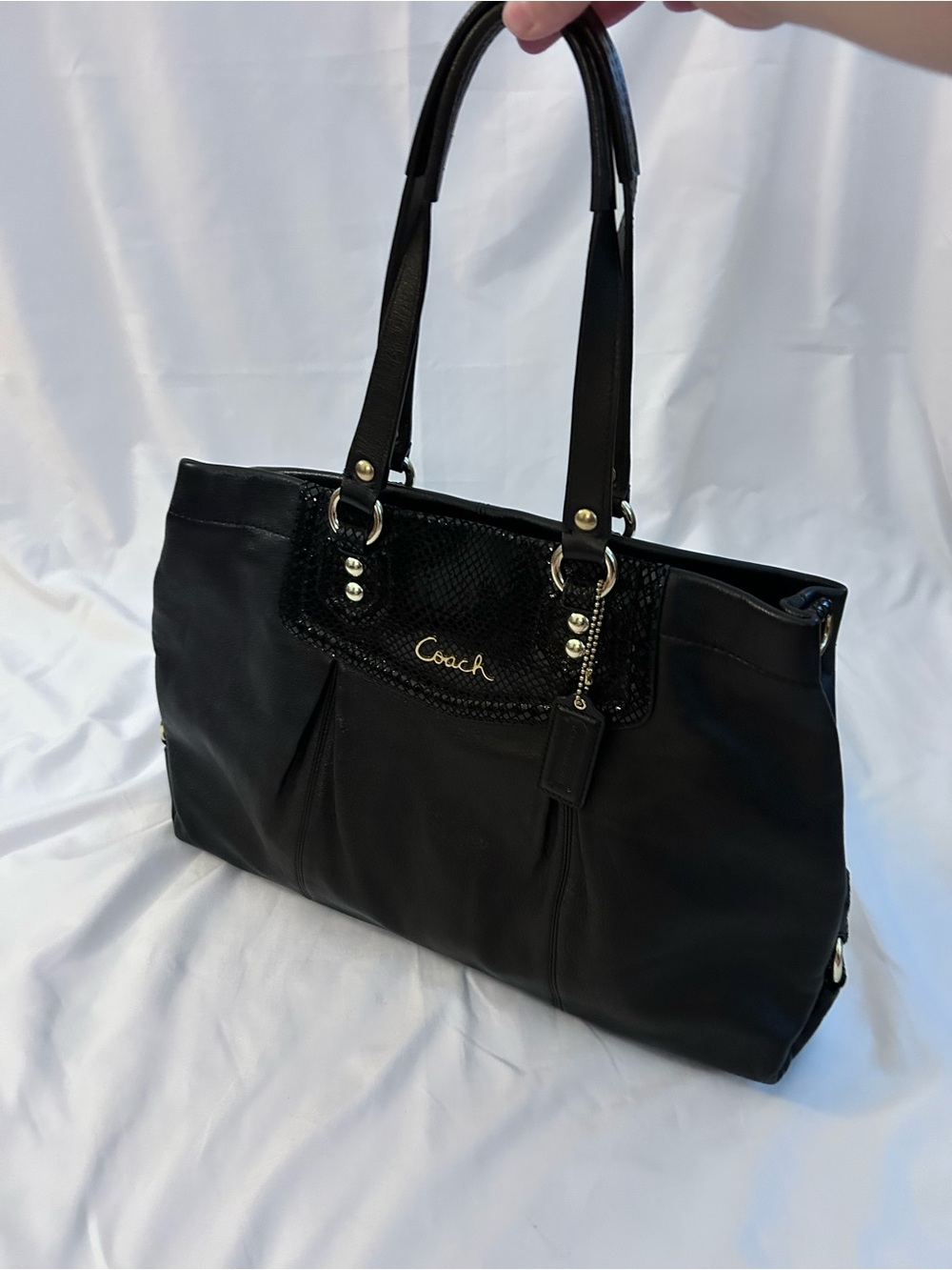 Coach Black Leather Shoulder Bag with Snake-Texture Trim